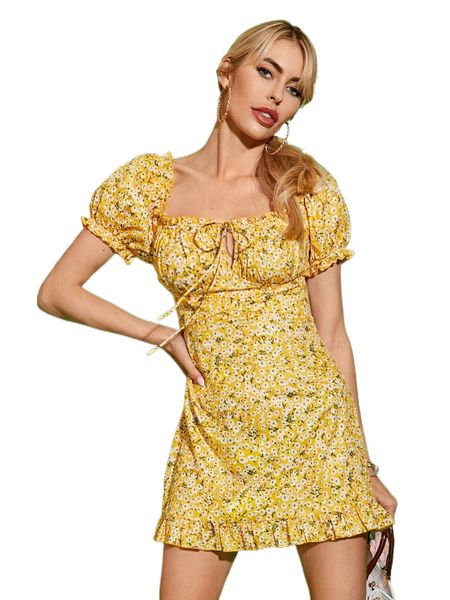 

ditsy floral puff sleeve tie front ruched bust ruffle hem dress e1u6#, Black;gray