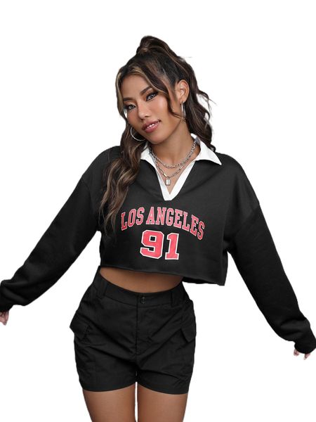

letter graphic drop shoulder contrast collar sweatshirt 72ga#, Black