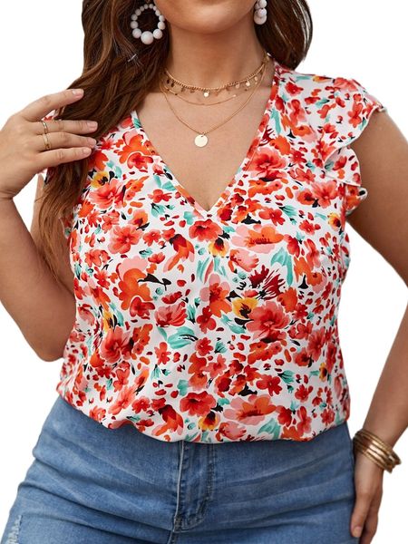 

plus allover floral print butterfly sleeve blouse g7x4#, Black