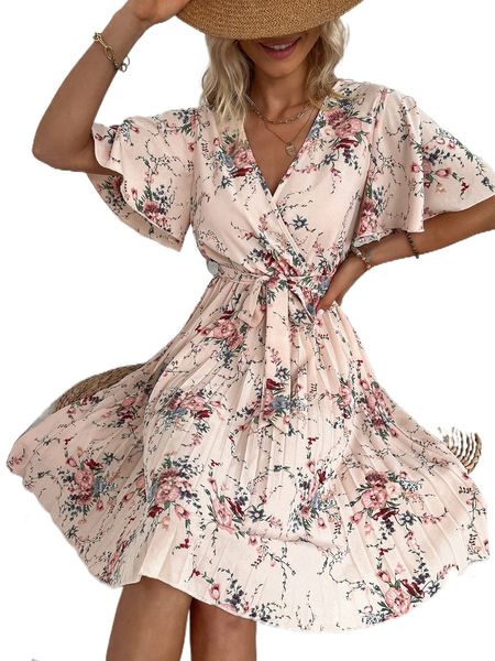 

floral print butterfly sleeve belted pleated dress 53yo#, Black;gray