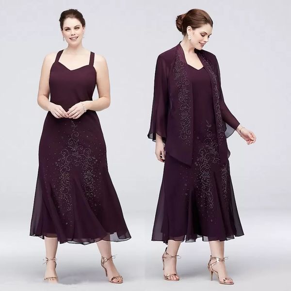 Elegantes, knielanges Chiffon-Kleid für die Brautmutter, Anzüge mit Jacke, luxuriöses, perlenbesetztes, staubiges Traubenkleid für Hochzeitsgäste, 2-teiliges Bräutigam-Mütter-Party-Abschlussball-Abendkleid