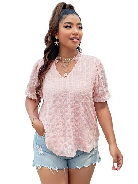 

plus swiss dot frill notched neck puff sleeve blouse v983#, Black
