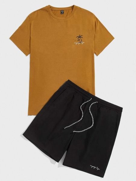 

men slogan graphic tee & drawstring waist shorts set r1wu#, Gray
