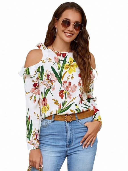 

cold shoulder floral d1ls#, White