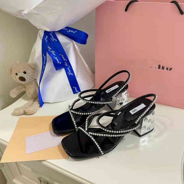 

summer miu 2022 new style square head rhinestone one line sandals women's open toe thick heel silver high heels, Black