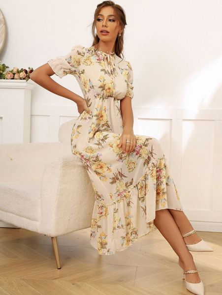 

floral print tie front flounce sleeve dress j4al#, Black;gray