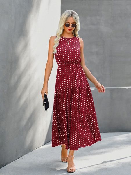 

polka dot sleeveless ruffle hem a-line dress z1gm#, Black;gray