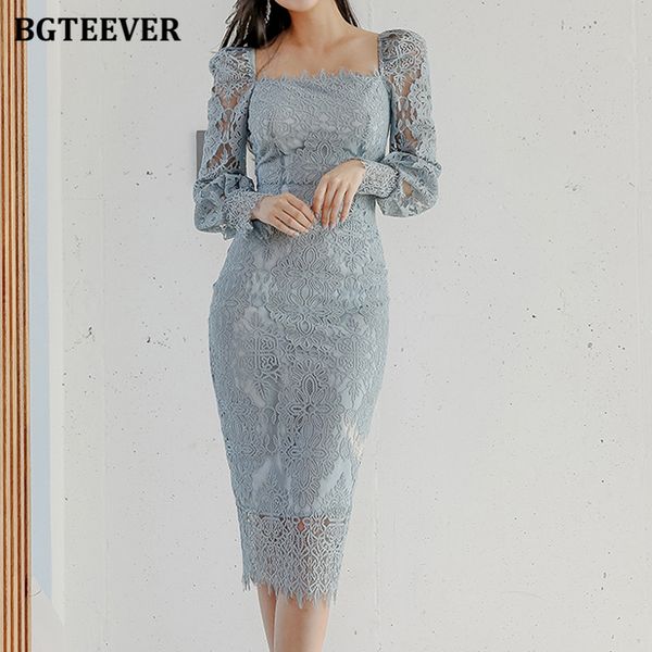

elegant square collar hollow out lace dress for women long sleeve slim waist female package hip vestidos 2021 spring, Black;gray