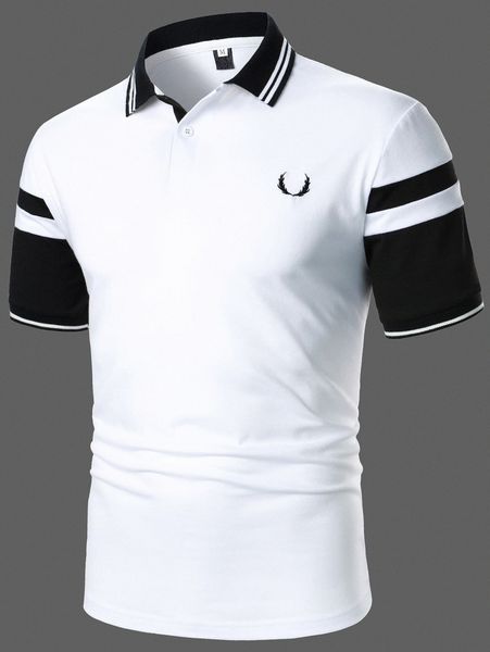 

men embroidery detail striped trim polo shirt 57q5#, White;black