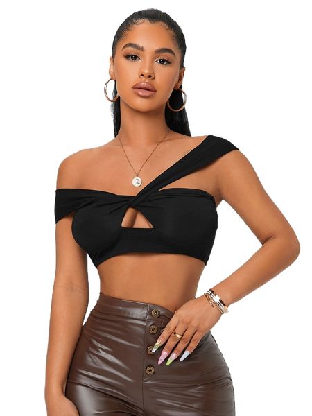 

sxy asymmetrical neck cut out twist front crop v5mk#, White