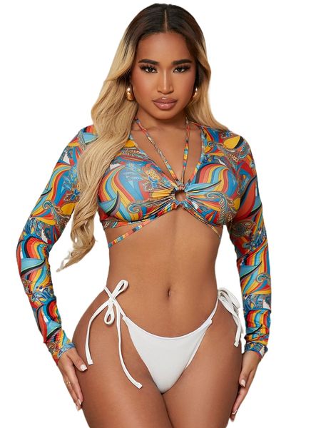 

sxy o-ring front tie back paisley print crop o9iw#, White