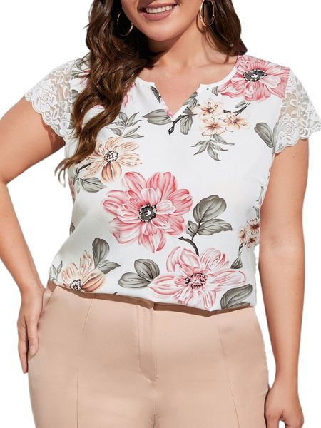 

plus floral print notched neck contrast lace blouse e8fx#, Black