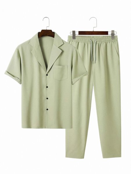 

men lapel neck shirt & drawstring waist pants 57g1#, Gray