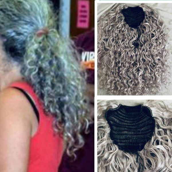 Clipe de cabelo humano cinza prateado de Saltpepper em Chaink Curly Curly Ponytail 120g Grey Pony Hair Hair Pedaçam