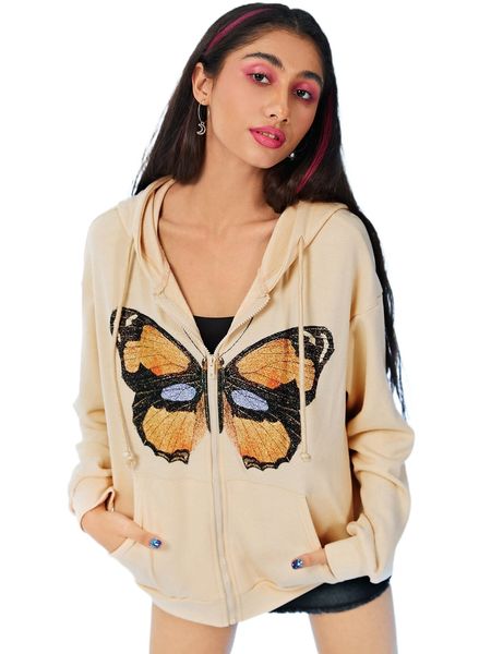 

zip up butterfly print drawstring drop shoulder hoodie j9uo#, Black