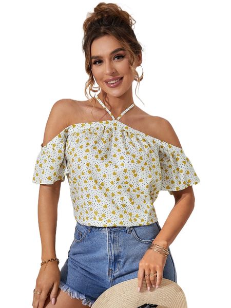 

allover heart print cold shoulder n72d#, White
