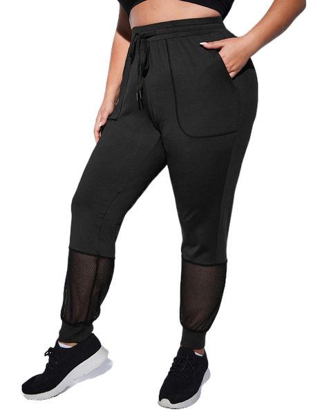 

plus contrast mesh slant pockets drawstring waist sports pants f2v2#, Black