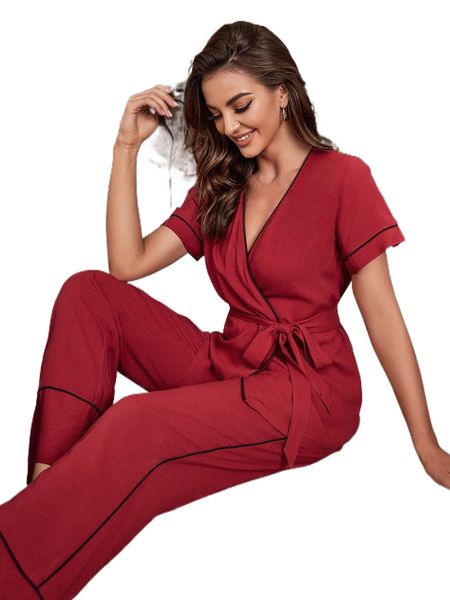 

contrast piping belted pj set w5kr#, Black;red
