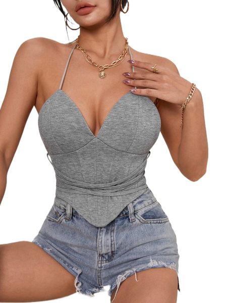 

crisscross tie backless asymmetrical hem halter v80c#, White