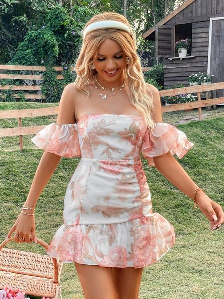 

random floral print off shoulder ruffle hem organza dress q5or#, Black;gray