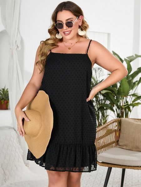 

plus swiss dot ruffle hem cami dress p0oc#, Black