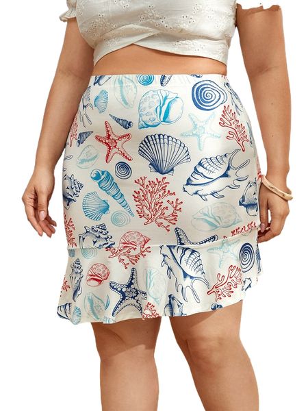 

plus coral & starfish print ruffle hem skirt t98f#, Black