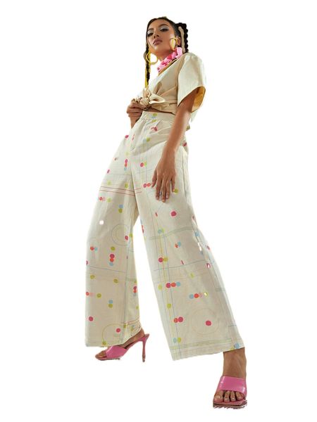 

x min high waist polka dot & geo print wide leg pants h3uz#, Black;white