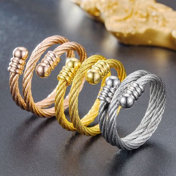Gola de anel de arame de aço inoxidável dourado Abertura anéis ajustáveis ​​Knuckle Men's Ring Moda de moda de jóias finas e arenosas