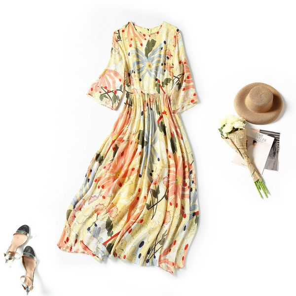 

casual dresses printing shows skin color zipper medium sleeve silk high-end length skirt yellow summer women's mulberry thin dress mj3v, Black;gray