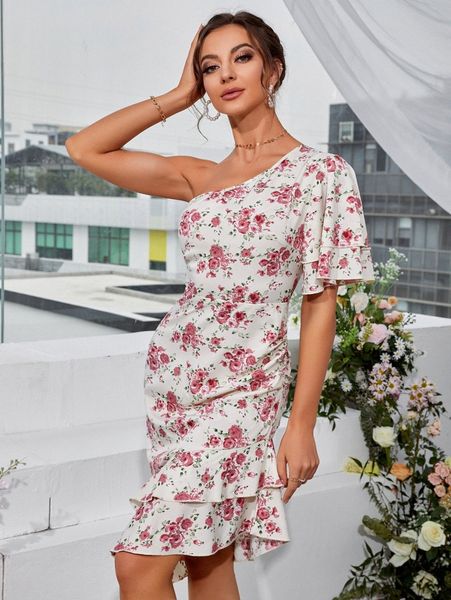 

floral print one shoulder two layer asymmetrical hem dress d8sr#, Black;gray
