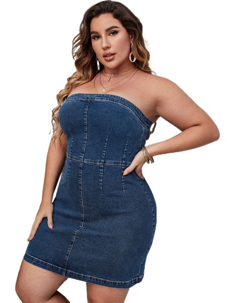 

plus zip back tube denim dress 296g#, Black