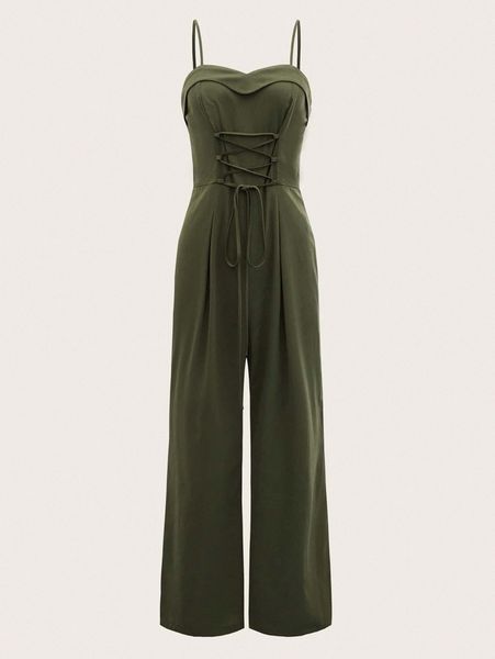 

solid lace up cami jumpsuit v6br#, Black;white