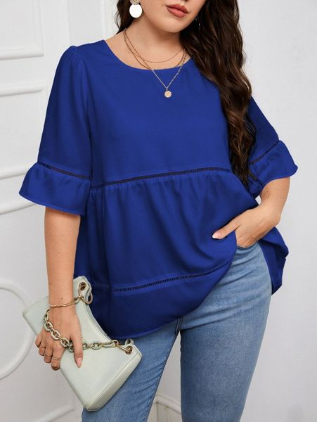 

plus hollow out flounce sleeve blouse b43h#, Black