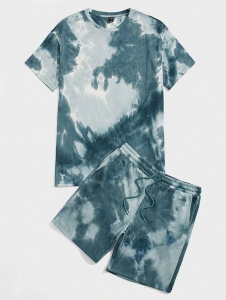 

men tie dye tee & drawstring waist track shorts set c6ag#, Gray
