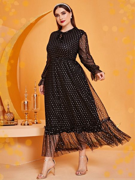 

plus dot mesh flounce sleeve frill trim dress 242s#, Black