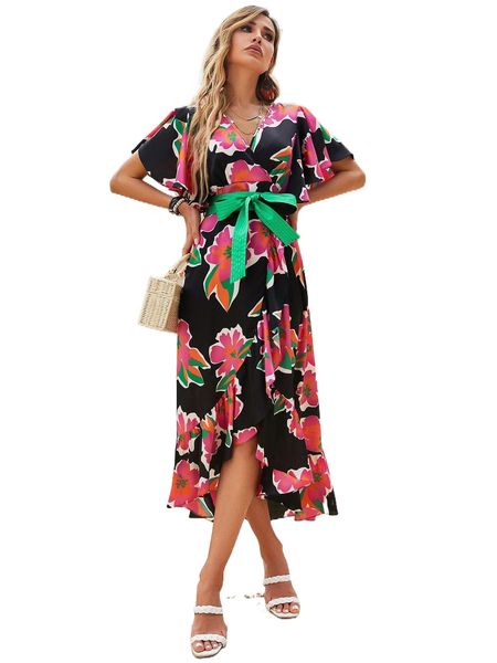 

floral print ruffle trim wrap hem belted dress n4ae#, Black;gray