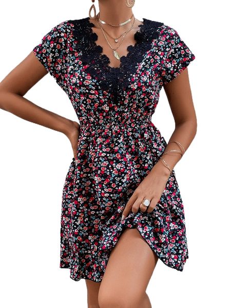 

allover floral print contrast lace ruffle hem dress x5ur#, Black;gray