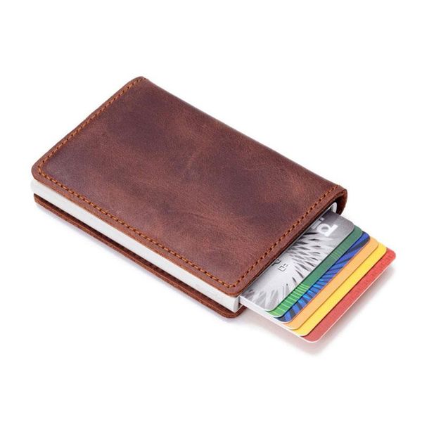 

card holders automatic vintage men's genuine leather holder retro aluminum alloy business male id cardholder mini wallet purs270a, Brown;gray