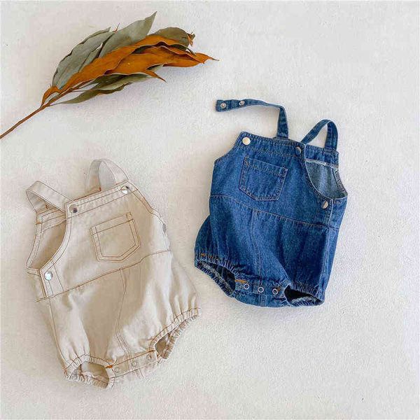 Bebek Giyim Bebek Denim Romper Yaz Yenidoğan Kızlar Erkekler Unisex Sleeless Cep Romper Toddler Tulumlar Tulumlar G220510