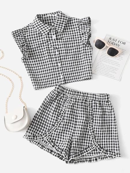 

girls collared cut out gingham blouse & frill trim shorts she, White