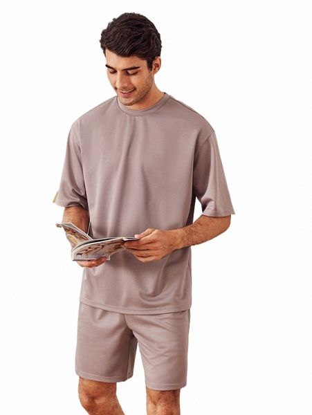 

men round neck solid tee & track shorts set t5fs#, Gray