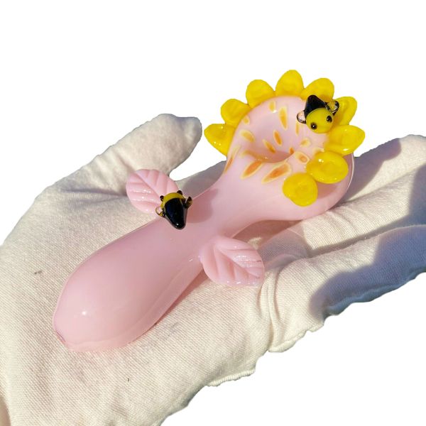 Macaron Pink Sunflower Bee Tabacco da pipa Soffiato a mano Herb Dry Bowl Glass Hand Spoon Pipes