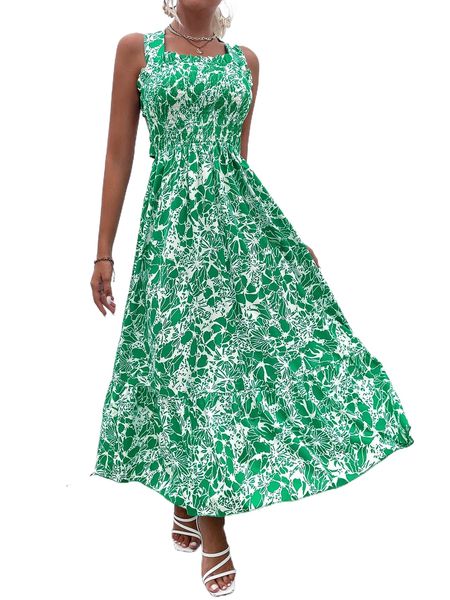 

floral print criss-cross tie backless shirred ruffle hem dress v319#, Black;gray