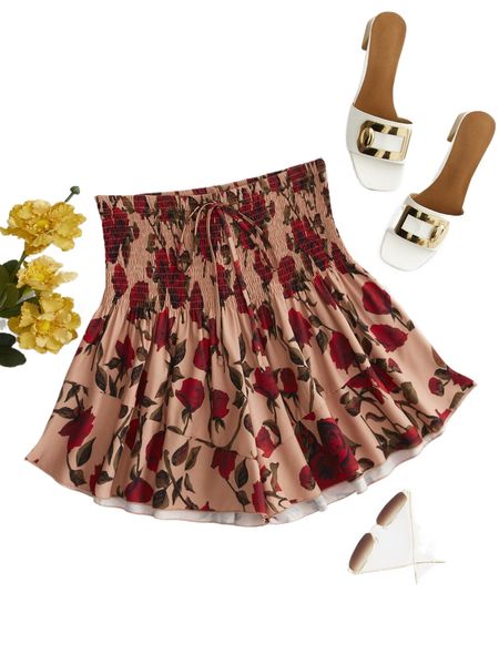 

plus floral print shirred waist knot front ruffle hem shorts o1ix#, Black