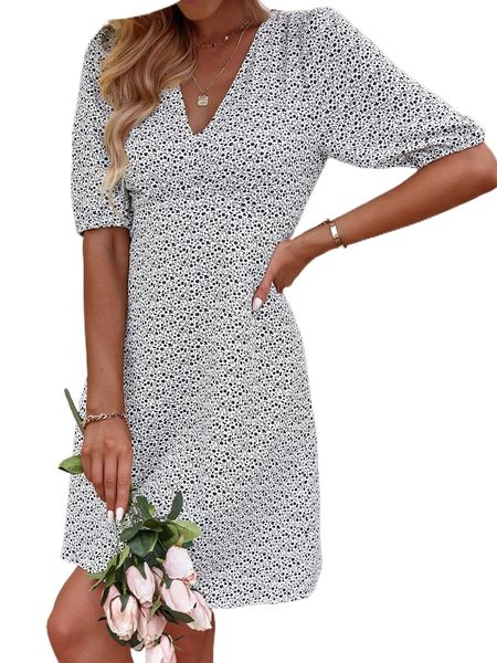 

ditsy floral print puff sleeve dress r9d7#, Black;gray