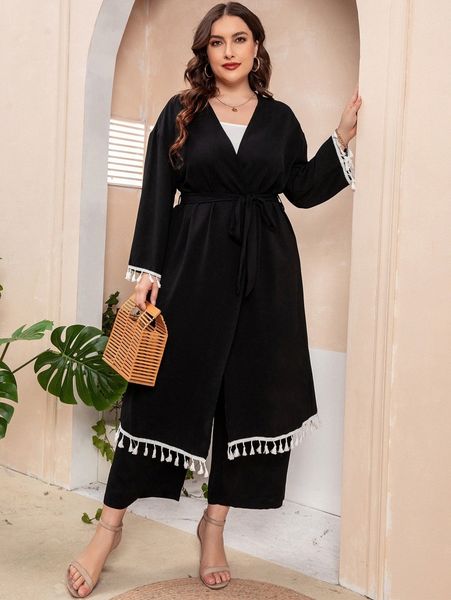 

plus tassel trim belted coat & wide leg pants t7np#, Black