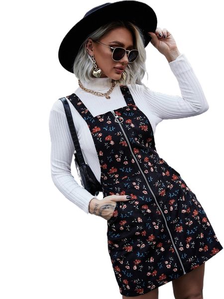 

corduroy floral print zipper front overall dress u0vu#, Black;gray