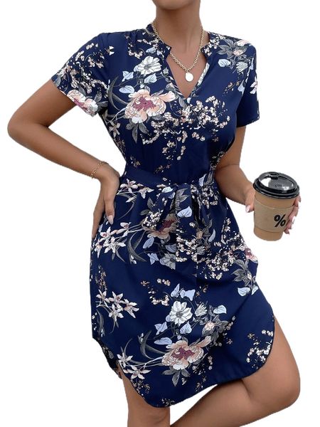 

floral print notched neck belted dress v09o#, Black;gray