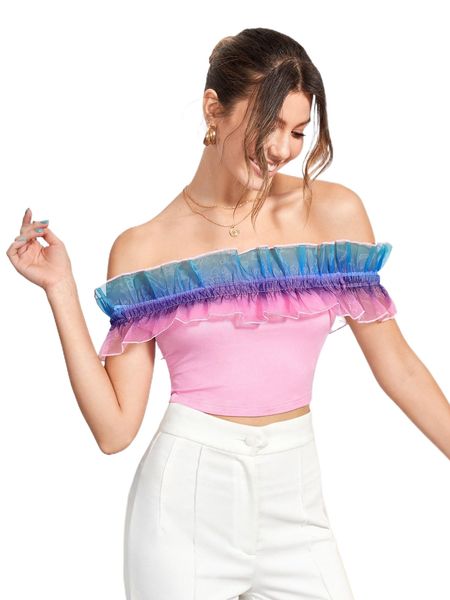 

x rachel elle ombre ruffle trim off shoulder m43v#, White