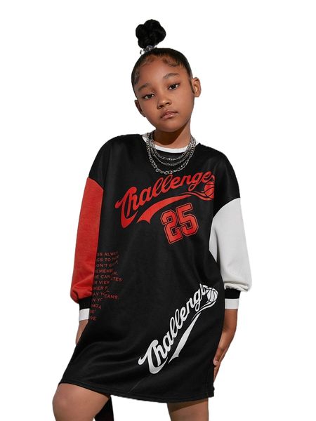 

girls letter graphic colorblock sweatshirt dress r3rs#, Black;white